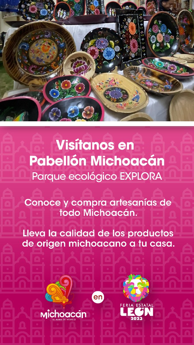 Michoacan's tweet photo. Somos el #EstadoInvitado en la Feria Familiar más importante del país @FeriaDeLeon
Visita nuestro stand, pabellón artesanal, presentaciones artísticas, photopportunity’s, productos michoacanos y más.
#Michoacán
#elAlmadeMéxico
#México
#FeriaDeLeón https://t.co/liHGcLFujq