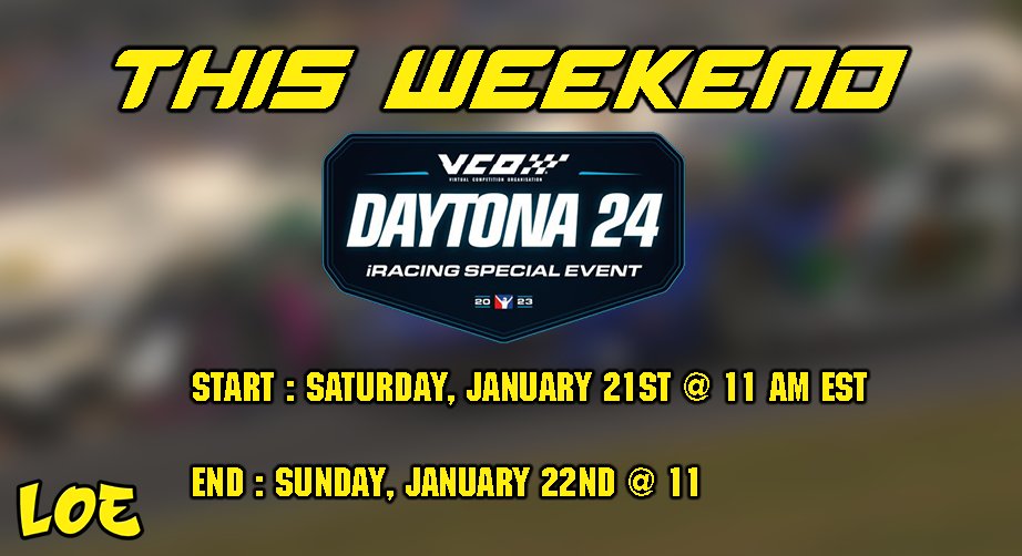 LOEiRacing's tweet photo. THIS WEEKEND, the iRacing Daytona 24 begins! #TeamLOE kicks off with 1 LMDh Team, and 2 GT3 teams! The action begins on Saturday at 11AM EST, and ends on Sunday at 11AM EST! Stay tuned to our page for updates! https://t.co/MNJGrE8J6N