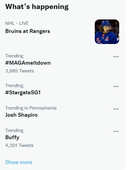 Current trending is #StargateSG1, #Buffy, and my new Governor #JoshShapiro. I feel like Twitter is trying to get my attention.