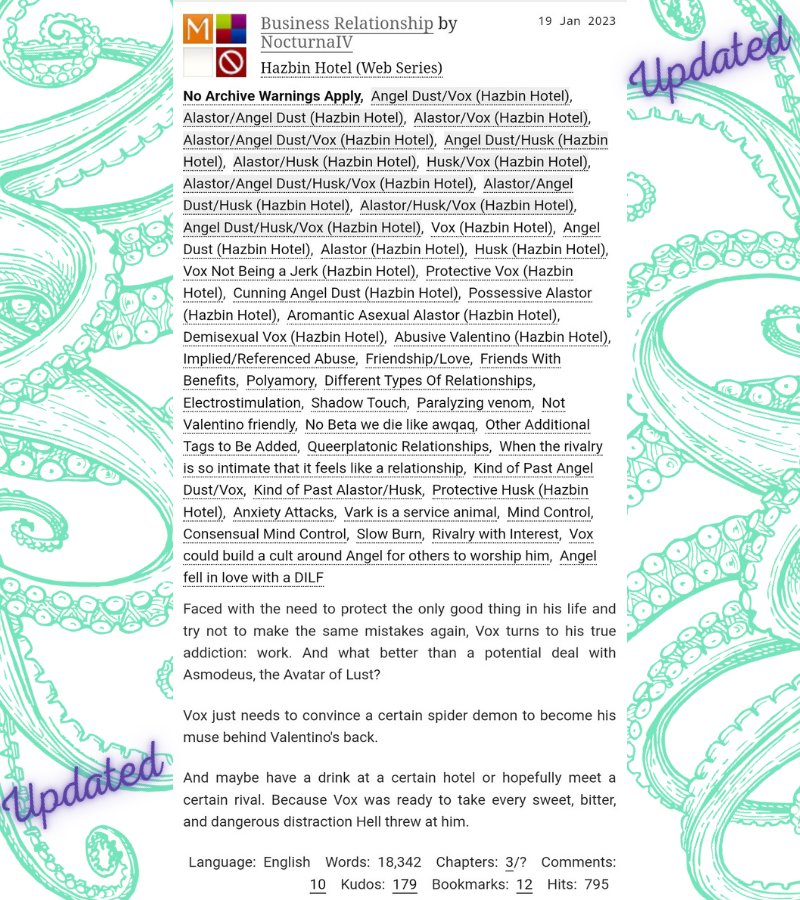 NocturnaIV's tweet photo. Chapter 3 of "Business Relationship" is up!
#HazbinHotel #HazbinHotelAngelDust #HazbinHotelVox #HazbinHotelAlastor #HazbinHotelHusk #RadioDust #StaticDust #StaticSpider #TVDust #StaticRadio #RadioStatic #RadioTV #StaticLoveTune #HuskerDust #RadioHusk #StaticCat #VoxHusk https://t.co/R7yIkTzFLu