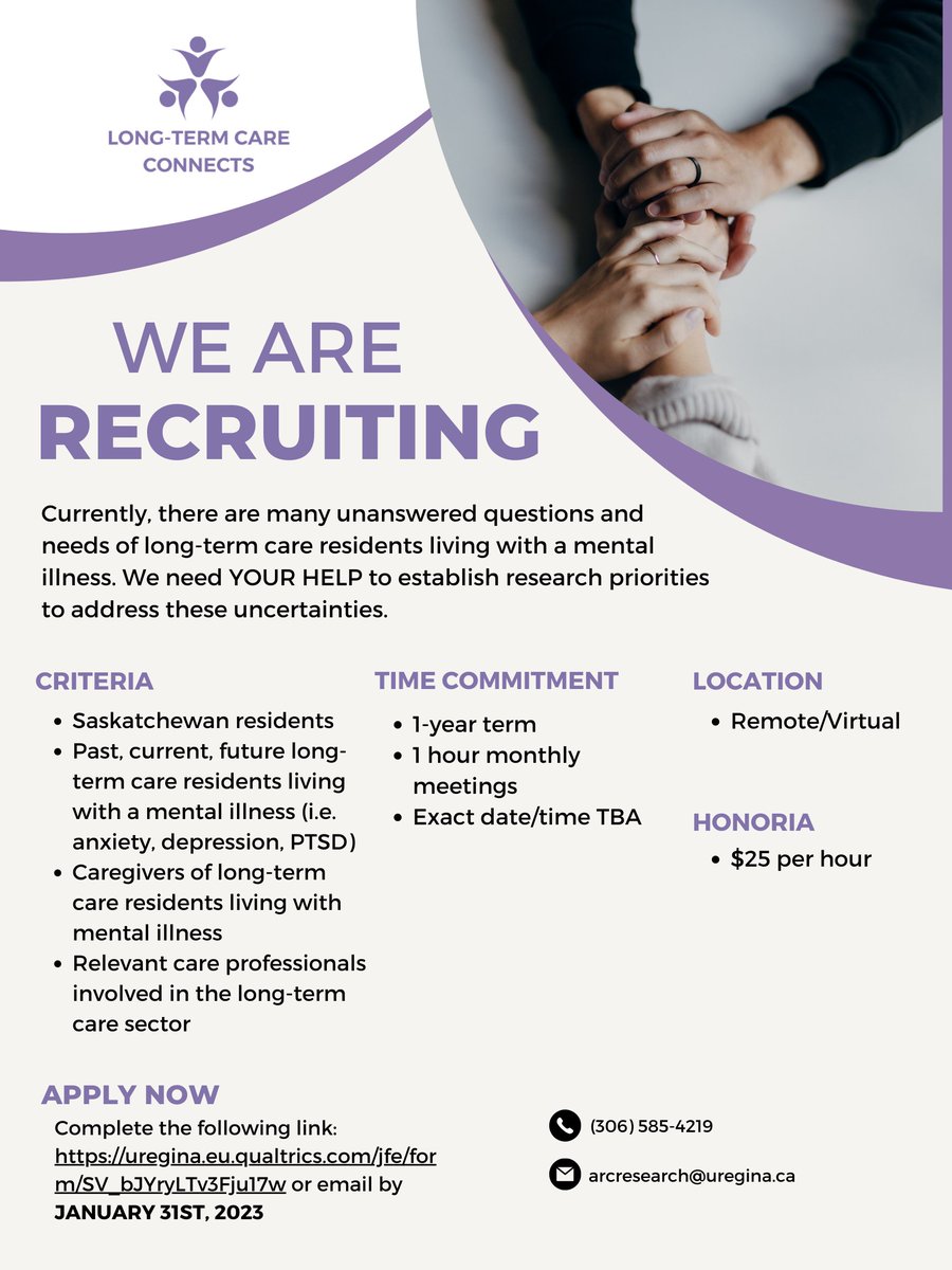 Long-Term Care Connects is recruiting patient partners for a Mental Health Advisory Council that will provide insight and help develop important research questions within long-term care! Check out our poster or click the link to see if you are eligible: rb.gy/z17a5y