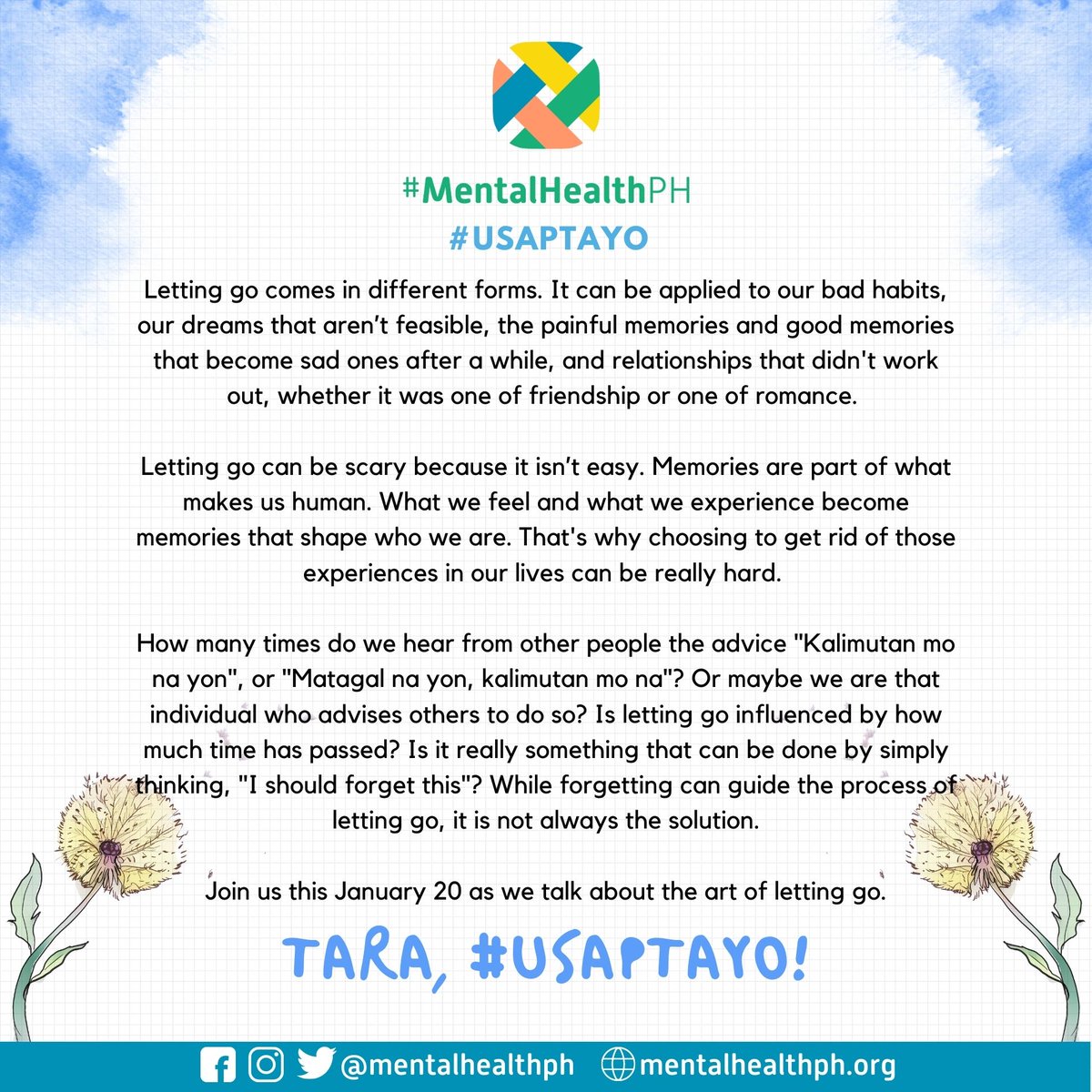 mentalhealthph's tweet photo. Sabay-sabay tayong humugot mamayang 7PM as we learn more about "The Art of Letting Go" 

Exciting di ba, mga #UsapKada? QRT this if marami kang gustong i-share mamaya. 🤣😂

Read more: https://t.co/hrnN7zQWK8

#UsapTayo #MentalHealthPH https://t.co/6PJrP4YpIa