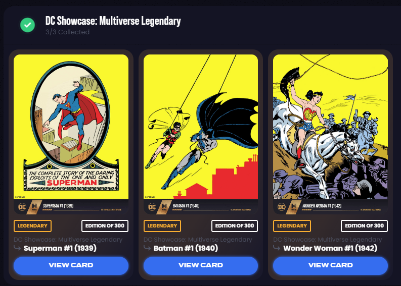 rickyart141's tweet photo. I completed my DC Showcase set! @hro can you please take the snapshot now? ๐คญ๐ This is the 1st digital set I complete! ๐ฅณ#pulls #FavoriteCards #LowMints #LEGENDARY #Hro #TradingCards @DCComics https://t.co/BhABOvGFvt