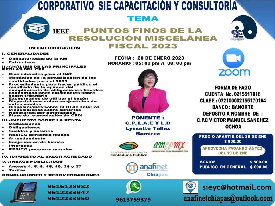 Anafinet Chiapas y Sie Capacitación Y Consultoría te invita a que participes en nuestro curso On Line, y mantente siempre actualizado y en constante capacitación continua, para estar a la vanguardia.
WhatsApp: 961-375-9379  ww.sieyc.com