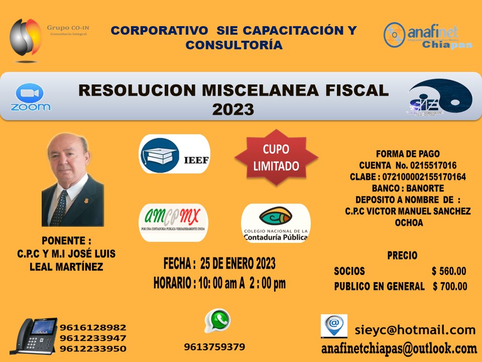 Anafinet Chiapas y Sie Capacitación Y Consultoría te invita a que participes en nuestro curso On Line, y mantente siempre actualizado y en constante capacitación continua, para estar a la vanguardia.
WhatsApp: 961-375-9379  ww.sieyc.com