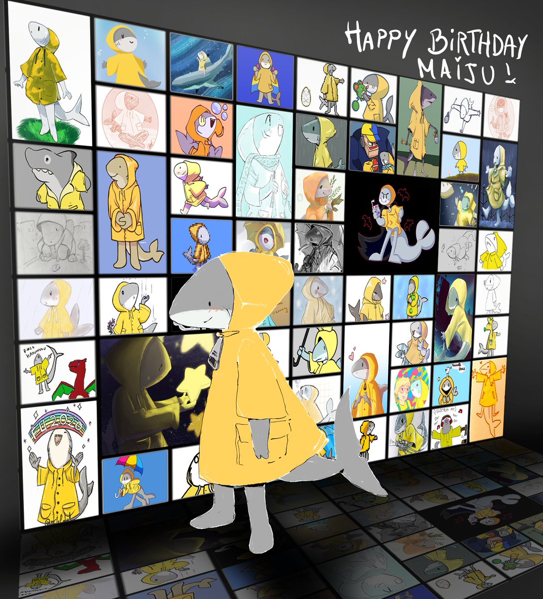 leyasupls's tweet image. 4 years ago, for a homework, I drew a small biped shark with a yellow rain coat. Little did I know it would change my life.
Thank you everyone for taking the time to draw and love Maiju. I'm happy you like her as much as I do 💛
Can't wait to show her to the world !