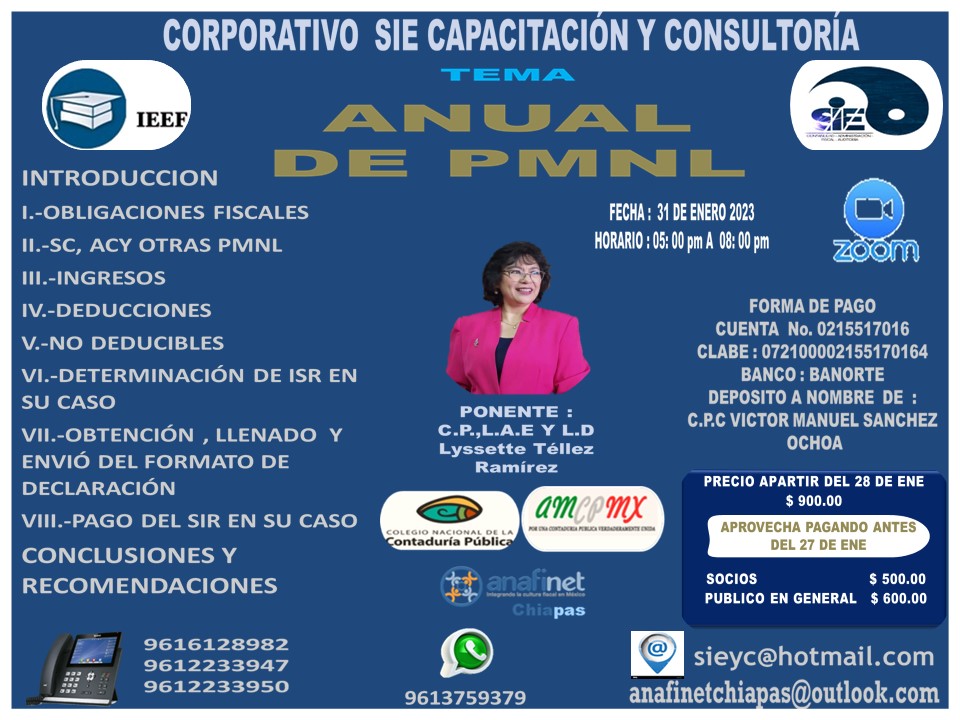 Anafinet Chiapas y Sie Capacitación Y Consultoría te invita a que participes en nuestro curso On Line, y mantente siempre actualizado y en constante capacitación continua, para estar a la vanguardia.
WhatsApp: 961-375-9379  ww.sieyc.com