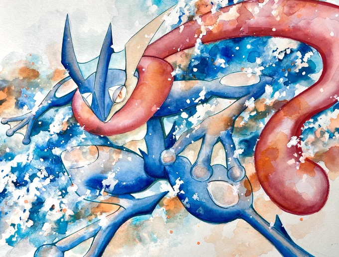 『ゲッコウガ』水彩絵の具で描きました#ポケモンイラスト #ポケモン  #ポケカ #Pokemon #イラスト #水彩画 #絵 #透明水彩 #シュミンケ #ポケモンカード #ポケモンSV  #ポケモンセンター 
