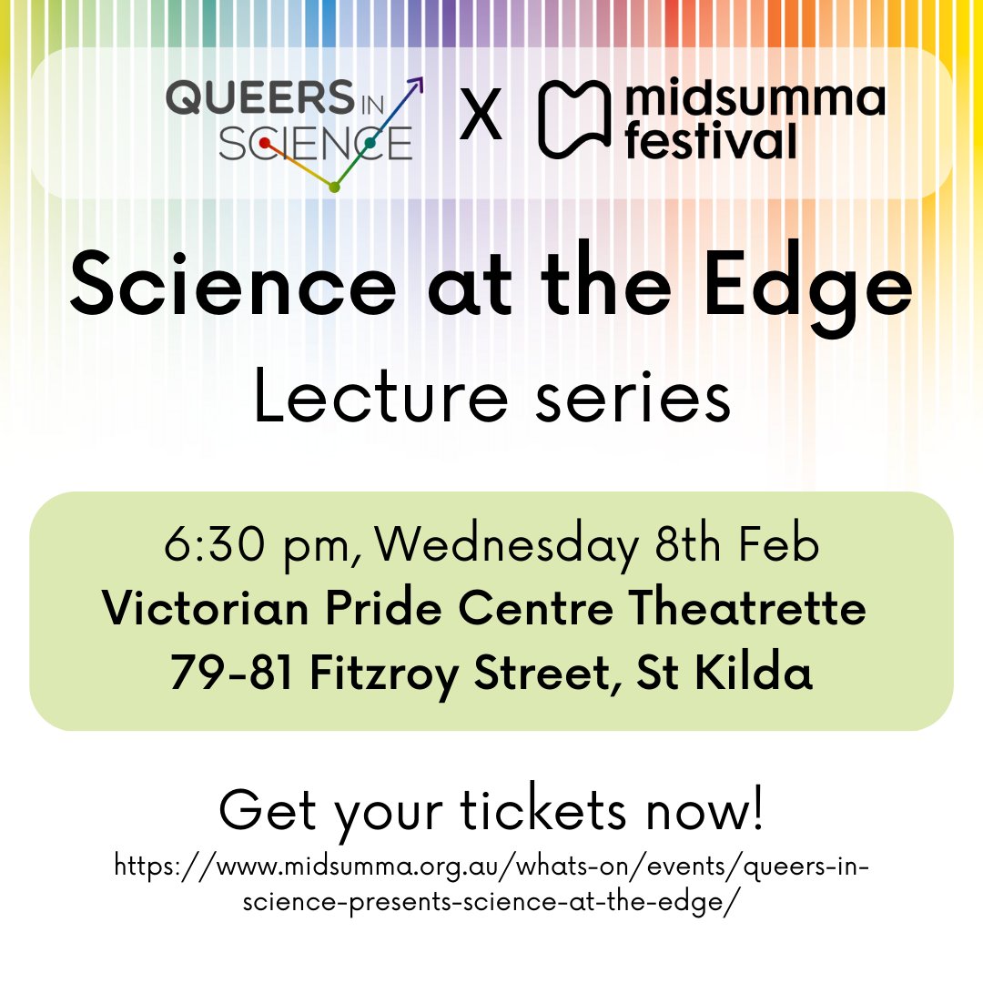 QueersInScience's tweet photo. Our lecture series will be on Weds 8th Feb at 6:30 pm, and we're so excited to be hosted at the @VicPrideCentre!
Stay tuned for our speaker reveals coming soon, but don't wait to get your tickets! ➡️ https://t.co/1MjuTcP9IN
(3/3)
#QueersInScience #Midsumma #LGBTQIA https://t.co/YvysNOynZi