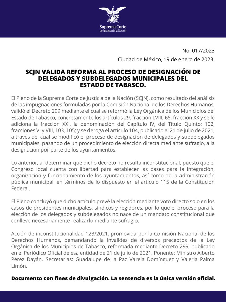SCJN's tweet photo. Es constitucional la reforma al proceso de designación de delegados y subdelegados municipales del Estado de Tabasco.

🔗 https://t.co/GPWCz6espB https://t.co/Cfm7x5QIPP