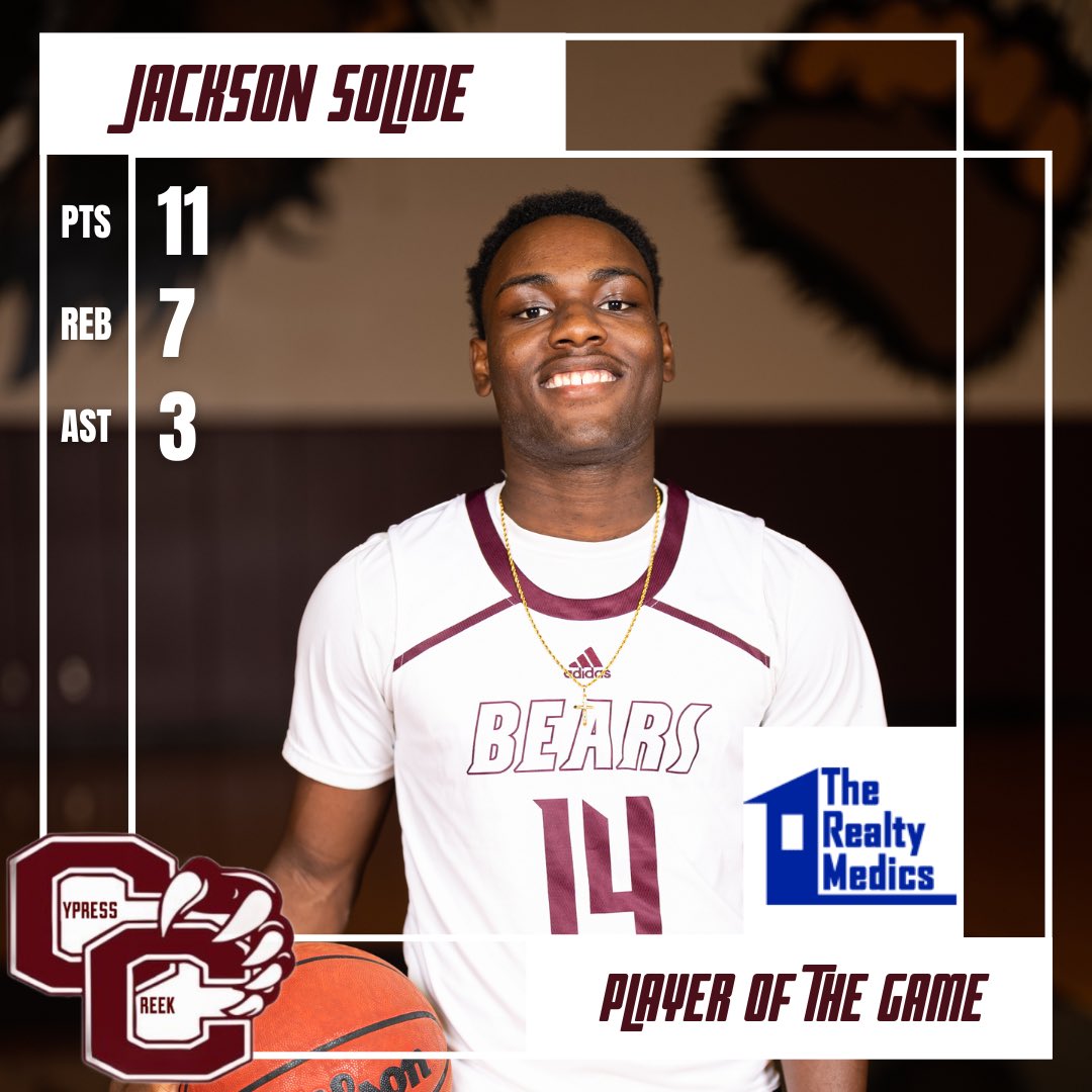 CCHSBearsBBall's tweet photo. Last night’s @therealtymedics Co-Players of the Game are 6’8” Senior F @HasaniRivera who finished with 23P &amp; 11R, 6’0” Senior G @JacksonSolide_ who finished with 11P, 7R &amp; 3A and 6’4” Senior W @MarlonBennett21 who finished with 10P, 10R &amp; 6A. 🐻 @CCHSBears https://t.co/9crEqU23p7