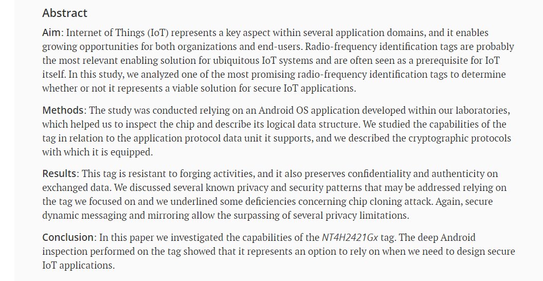 JSSSJournal's tweet image. ‼️#OpenAccess Original Article

🏷️Forge-resistant radio-frequency identification tags for secure internet of things applications
🎓Luca Calderoni, Dario Maio, Luciano Margara, Luca Spadazzi
🔗jsssjournal.com/article/view/3…

#Radiofrequencyidentification #NFC #IoT #cryptographic
