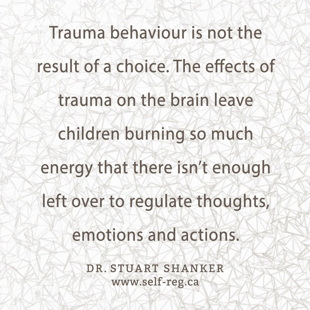 "Trauma behaviour is not the result of a choice. The effects of trauma on the brain leave children burning so much energy that there isn't enough left over to regulate thoughts, emotions and actions." ~ Stuart Shanker
self-reg.ca

#SelfReg #SelfRegulation #trauma