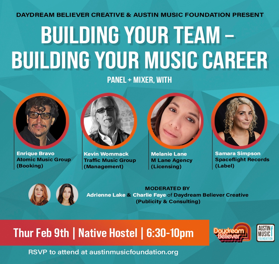 austinmusic's tweet photo. AMF & Daydream Believer are excited to bring you their first event of the year, "Building Your Team, Building Your Music Career" Panel & Mixer ๐
๐ Native Hostel
๐ February 9th, 6:30-10pm
๐ RSVP: https://t.co/70cniPygnJ
#whenwherewhat #austin #native #atxmusic #networking https://t.co/SK5jLWMX81