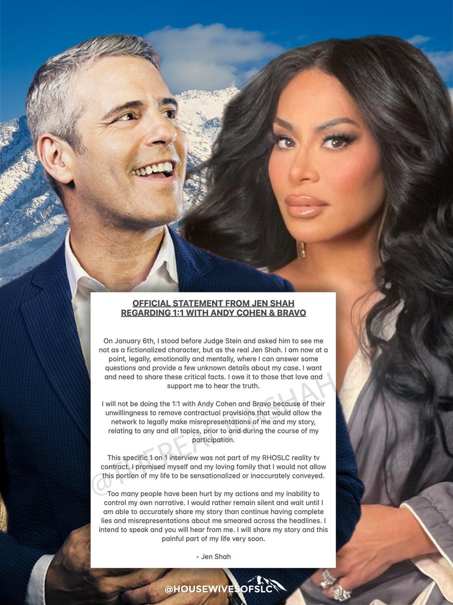 housewivesofslc's tweet photo. In a released statement, Jen Shah confirms she will not be filming a 1-on-1 with Andy Cohen. #RHOSLC https://t.co/r8BUTrTqUZ