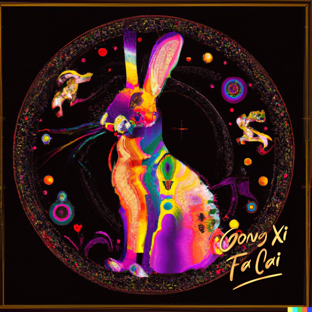 krisheno's tweet photo. Wishing everyone a #GenerativeAI #CNY2023 ! #dalle2 

Here’s the prompt:
An opulent and visually stunning depiction of a rabbit in the context the Chinese New Year https://t.co/AkRPoQPuIo