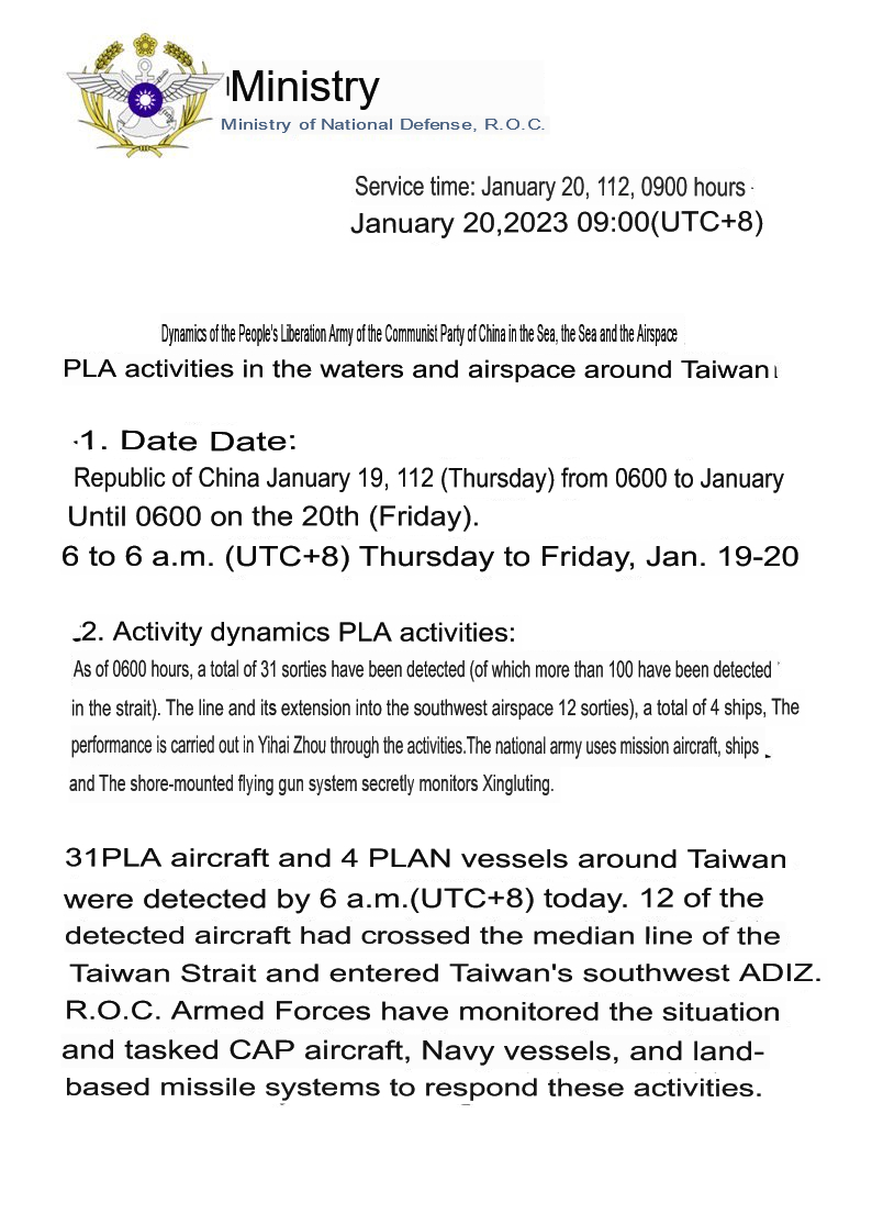 Don_Standeford's tweet image. 31 Chinese military aircraft and 4 vessels spotted around #Taiwan on January 19-20th, 2023 according to Taiwan's Ministry of Defense. 12 of the military aircraft  crossed over the median line of the Taiwan Strait and entered Taiwan's southwest #ADIZ.