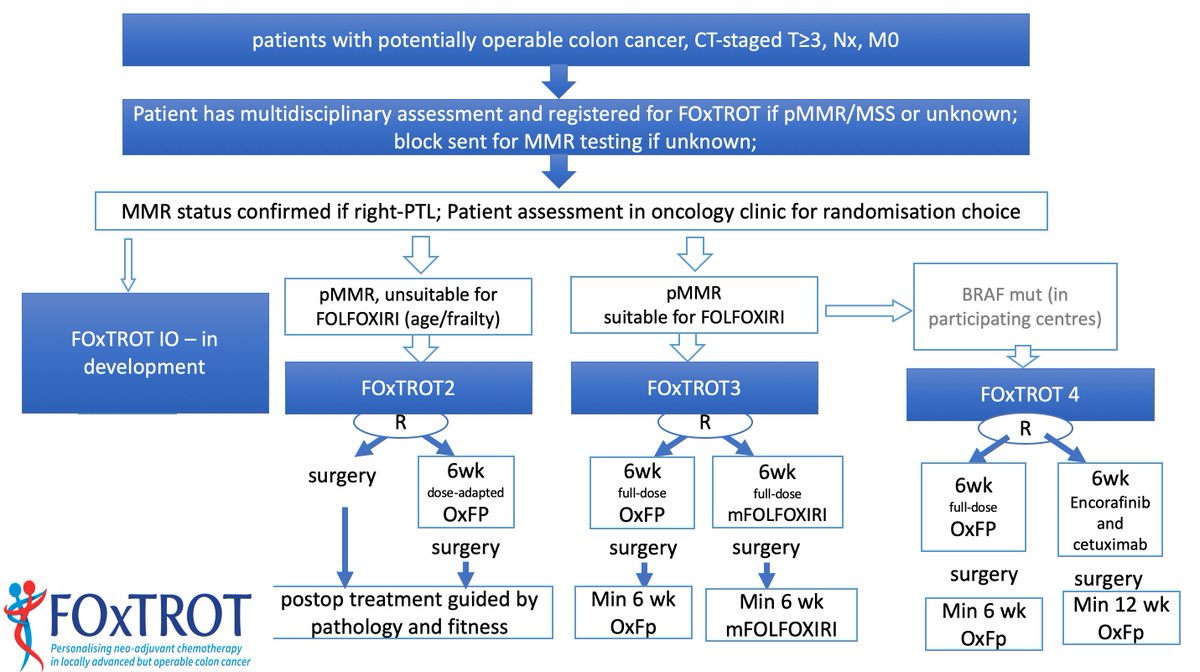 10/14
What next...?
@FoxtrotStudy Platform @yorkshirecancer 
OPEN IN UK
👍FOxTROT 2 - NAC in older pts
👍FOxTROT 3 - NAC with mFOLFOXIRI
COMING SOON
👍 FOxTROT 4 - Enco/Cetux in BRAF-mut pts
👍FOxTROT HER2 - Tucatinib/Tras in HER2 +ve pts
👍FOxTROT-IO - watch for news soon 😉