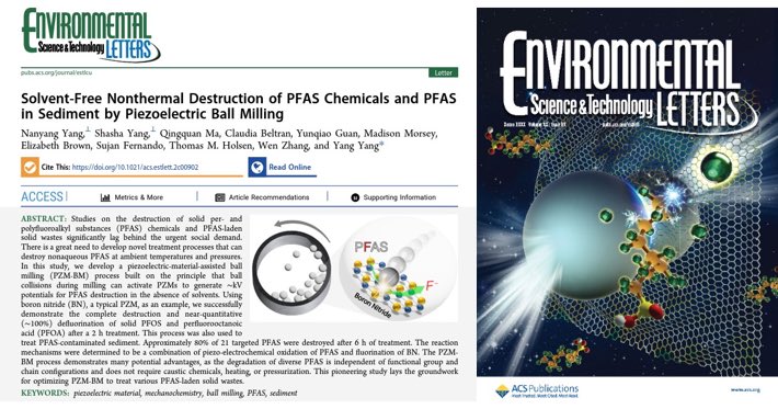 <a href="/CapeesEng/">CAPEES (Chinese-American Prof. Env. Eng. Sci.)</a> Members <a href="/YangYangECO/">Yang Yang</a> and <a href="/WenZhang_Nano/">Wen Zhang</a> recently developed a piezoelectric-material-assisted ball milling (PZM-BM) process for PFAS destruction in the absence of solvents, which was published as a featured cover story at <a href="/EnvSciTech/">Environmental Science & Technology Journals</a> Letters. pubs.acs.org/doi/full/10.10…