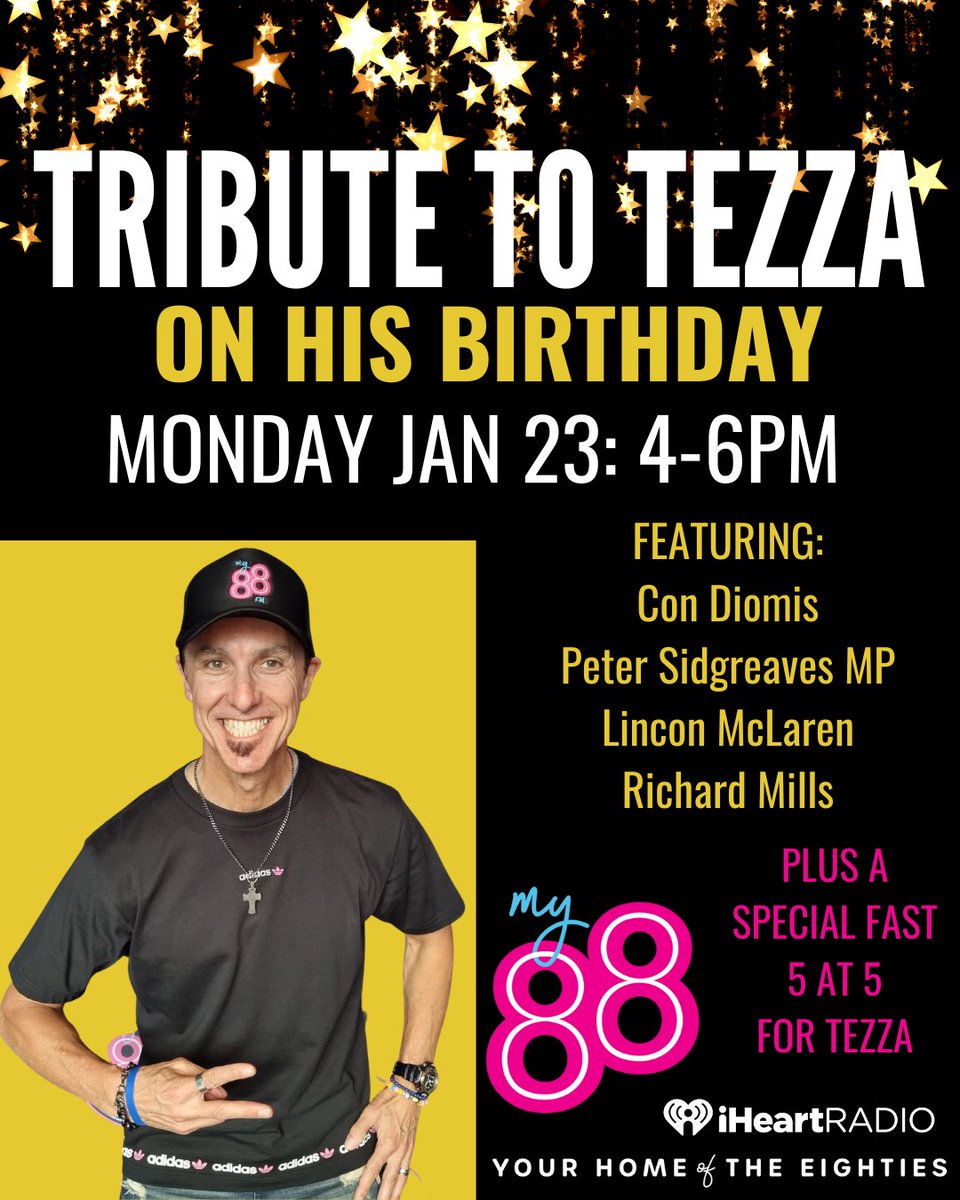 My88_FM's tweet photo. It's Tezza birthday on Monday, January 23, and we're having a Tribute to Tezza in his beloved Drive Show, 4-6pm.
We hope you can join us:
Stream: https://t.co/bqfAV4rzCD
OR https://t.co/e8Qq1hBc8k
#DriveWithTezza https://t.co/UqKEhUwW7I