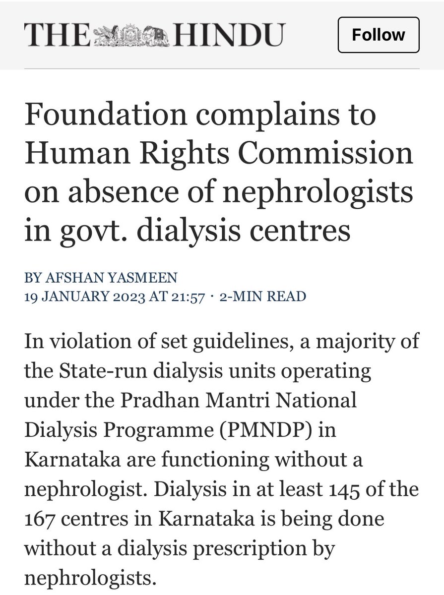 No Nephrologists manning govt dialysis centres in the districts of Karnataka 👉 @vasuragh's complaint to the KMC. CC @DHFWKA @Tejasvi_Surya @mla_sudhakar @sundar_s1955 @manjudoshetty thehindu.com/news/national/…