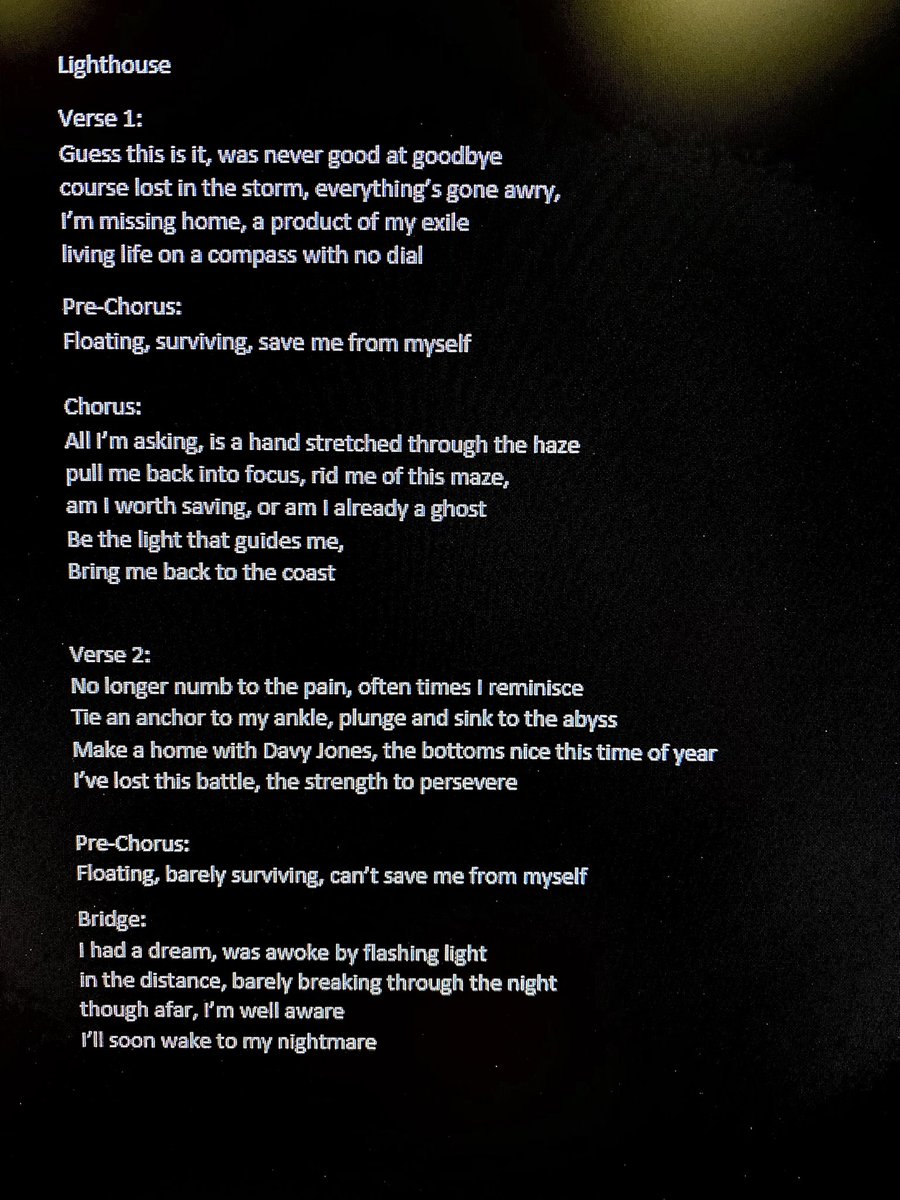 Wrote another nautical themed song today regarding the ongoing bout with depression. Stay strong people of Twitter. #songwriting #poem #poetry #writerslift