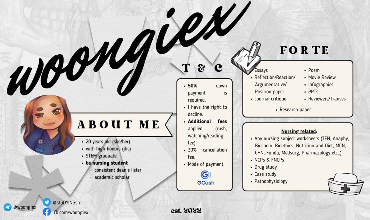stuDYINGsn's tweet image. henwo #commstwt ! I’m mc, a 3rd yr nursing student accepting academic commissions 🩺 

check [#woongiexdoesacads] for proofs &amp;amp; feedbacks 🤍

t. lf commissioner (for exposure)
lf client essay poem reaction paper reflection paper research paper ncp fncp anaphy drug study case study