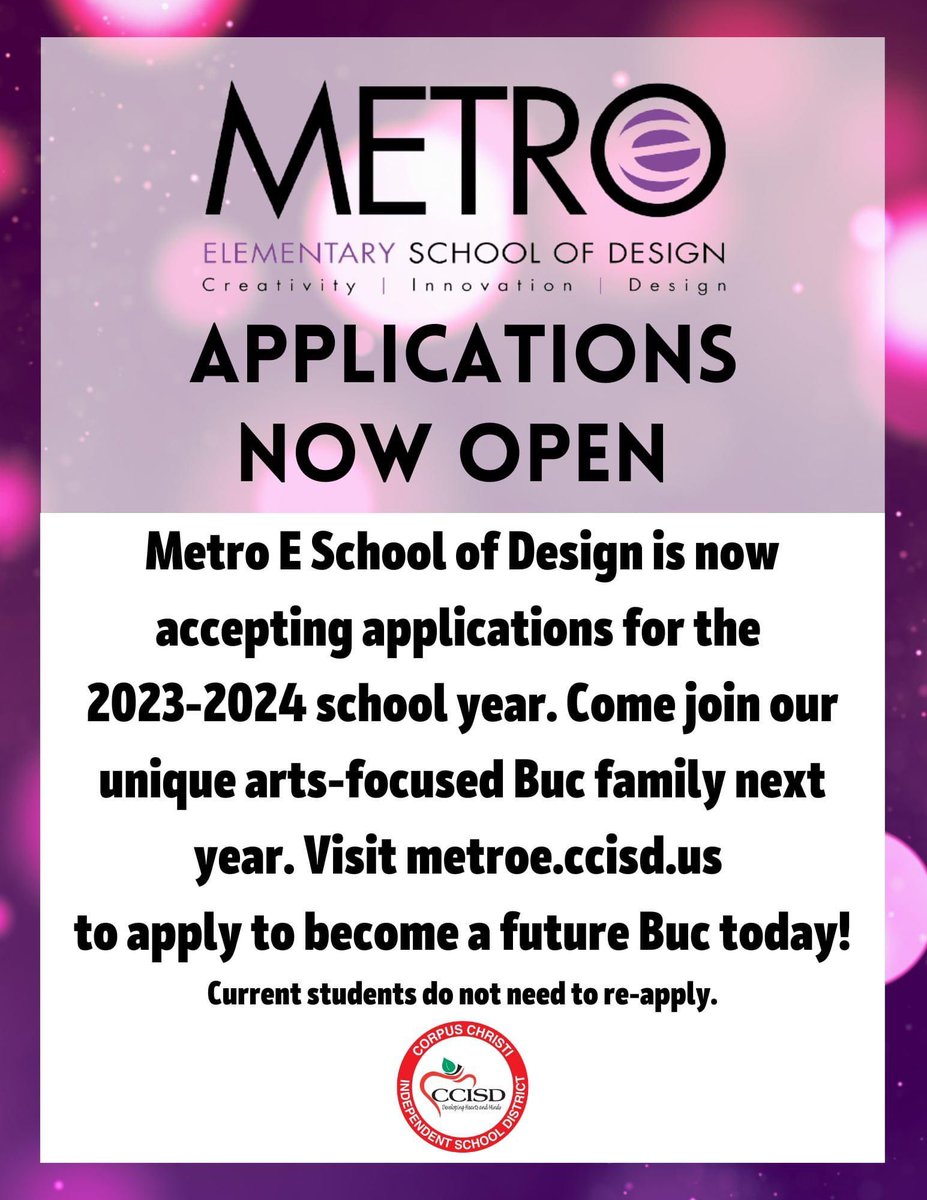 MetroElem's tweet photo. Join our Metro E family! Applications are open until February 6, 2023. Visit https://t.co/ylT4SDydQg to apply today! #CCISDProud #WeAreCCISD @CCISD @r0hernandez @JohnAPrezas @LeanneJLibby @DrSandraClement @KelsieMorris12 https://t.co/tgVwmA8l4V