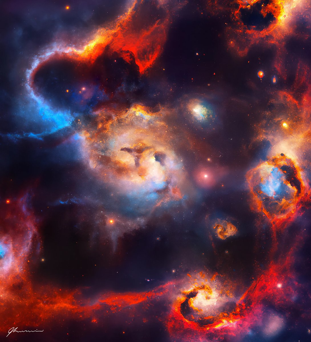 This is Nebula N°8 
Can you see the angel?
30+ Ai generated layers with hand compositing in Photoshop 
#AIart #nftart #NFTartists #AIArtistCommunity