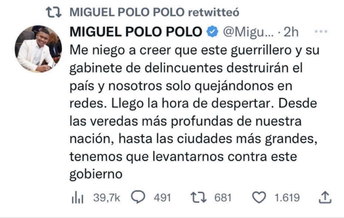 intiasprilla's tweet photo. Aunque Polo Polo lo parezca, no le da para ser inimputable, una denuncia penal del presidente o de cualquier ministr@ lo obliga a retractarse o a asumir una condena penal. https://t.co/XJu6TngqDW