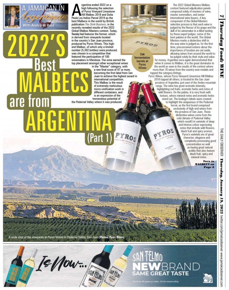 AndreWayneE11's tweet photo. #AJamaicanInArgentina🇯🇲🇦🇷 

2022's BEST MALBECS ARE FROM ARGENTINA (PART 1)

Read more of today's #ThursdayFood #CoverStory in @jamaicaobserver courtesy of @styleonmw 

#PyrosWines #Malbec #RedWine #VinoTinto #WorldBest #SanJuan #PedernalValley #Argentina https://t.co/NrSyzANv2e
