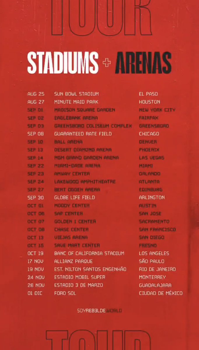 Miro las fechas y me pregunto lo que se están preguntando todos ¿porque tantas fechas en usa? ¿Dónde quedaron los paises de lationamerica que durante años apoyaron tanto al grupo? Si alguien puede responder seria hermoso #SoyRebelde #SoyRebeldeWorld #RBDIsBack