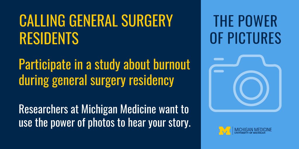 Tasha Hughes (@tashahughesmd) on Twitter photo Researchers <a href="/UMichSurgery/">Michigan Surgery</a> want to understand how residents cope with burnout. We invite you to participate in a paid study using photos to explore burnout among surgical trainees! Click below to participate.
redcapproduction.umms.med.umich.edu/surveys/?s=MHA… Researchers <a href="/UMichSurgery/">Michigan Surgery</a> want to understand how residents cope with burnout. We invite you to participate in a paid study using photos to explore burnout among surgical trainees! Click below to participate.
redcapproduction.umms.med.umich.edu/surveys/?s=MHA…