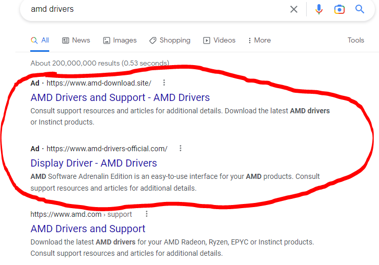 AwesomePowerCat's tweet photo. be careful searching for @amdradeon drivers on @Google it seems the top results are fake ad clone sites with sketchy downloads and possibly malware.
#CyberSecurityAwareness #cybersecuritytips https://t.co/Xw3md9fXLp