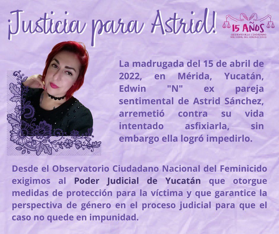 YUCATÁN | 📣 Desde el OCNF exigimos al Poder Judicial del Estado de Yucatan garantice la seguridad de Astrid y que el proceso judicial sea con perspectiva de género. 
#JusticiaParaAstrid #Yucatán #NosQueremosVivas