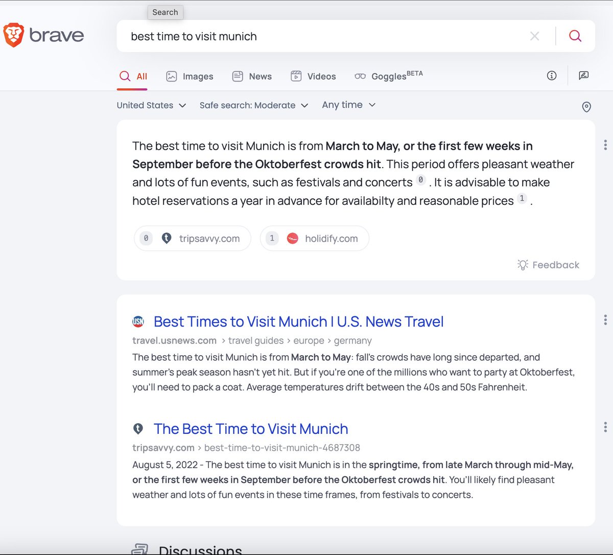 BrendanEich's tweet photo. Sneak peek: AI (=> leading-edge Machine Learning) is coming to Brave Search. In truth it was already there, but soon it'll appear in a trendy and often useful form: a summarizer, one that cites sources. https://t.co/xlatJaLZu0