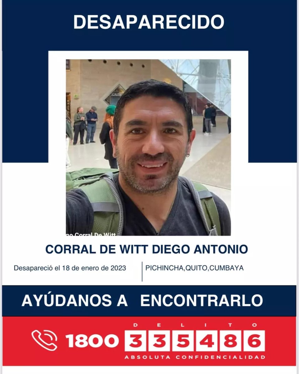 FiscaliaEcuador's tweet photo. #ATENCIÓN | #Pichincha: Si tiene información sobre la ubicación de los ciudadanos Giomar Carolina Chiriboga Proaño y Diego Antonio Corral de Witt, comuníquese de inmediato con las autoridades. Desaparecieron el 18 de enero de 2023 en #Cumbayá, #Quito. #DesaparecidosEcuador https://t.co/7dkdeCLNAg