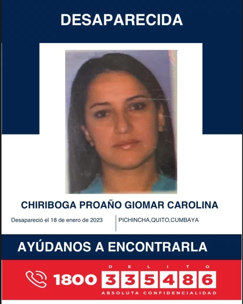 FiscaliaEcuador's tweet photo. #ATENCIÓN | #Pichincha: Si tiene información sobre la ubicación de los ciudadanos Giomar Carolina Chiriboga Proaño y Diego Antonio Corral de Witt, comuníquese de inmediato con las autoridades. Desaparecieron el 18 de enero de 2023 en #Cumbayá, #Quito. #DesaparecidosEcuador https://t.co/7dkdeCLNAg