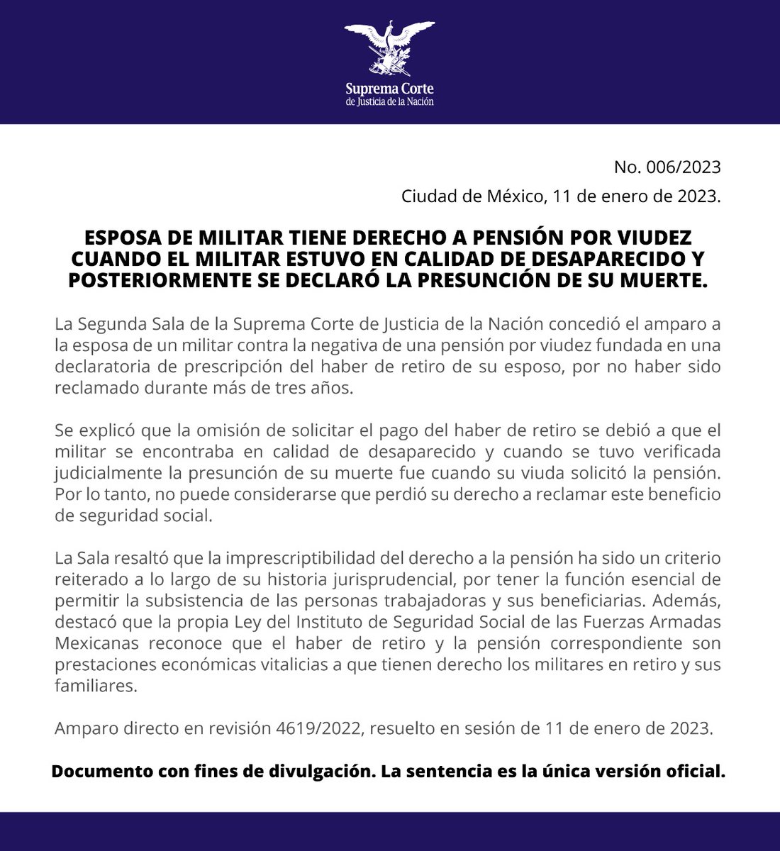 SCJN's tweet photo. #COMUNICADO
#SegundaSalaSCJN amparó a esposa de militar contra la negativa de una pensión por viudez, pues además de que el militar estaba en calidad de desaparecido, se trata de un beneficio imprescriptible

🔗 https://t.co/QsrAG4n507 https://t.co/UGvSajhH7h