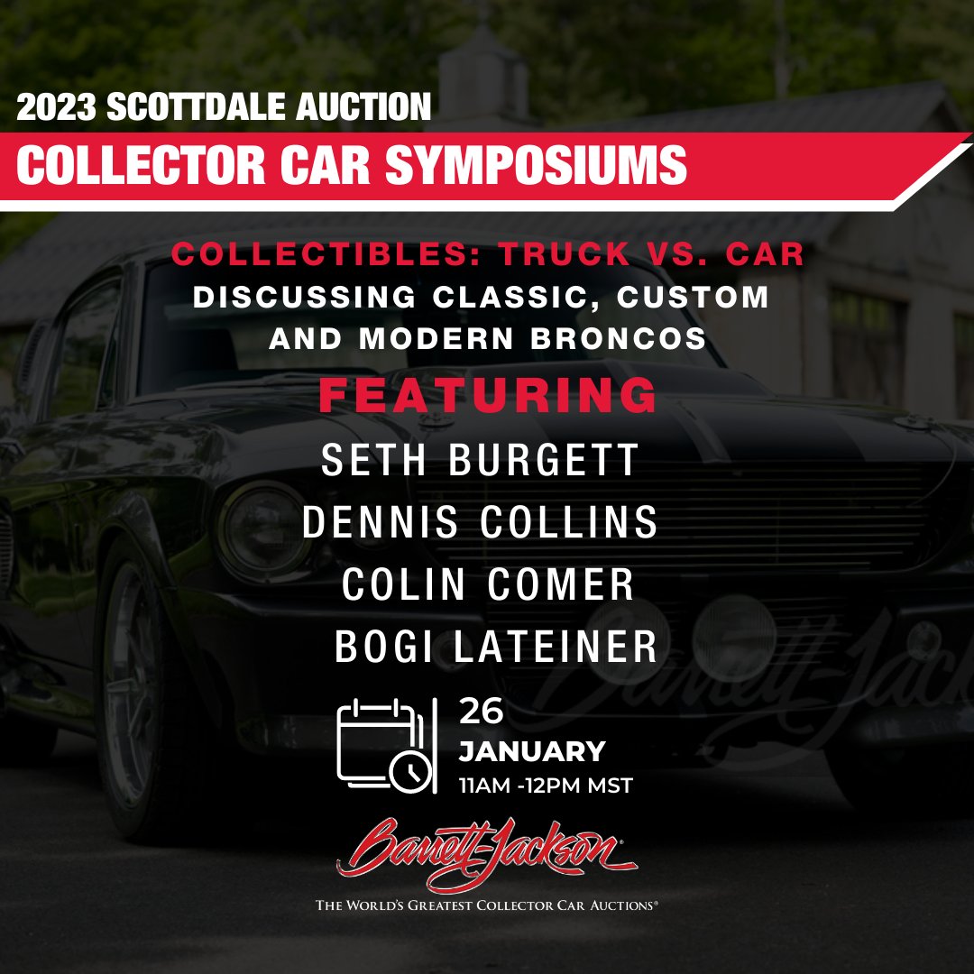 This symposium will discuss classic, custom and modern #Broncos with speakers Seth Burgett from @GatewayBronco, Dennis Collins from @CollinsBrosJeep, author #ColinComer and automotive TV personality @Bogisgarage.