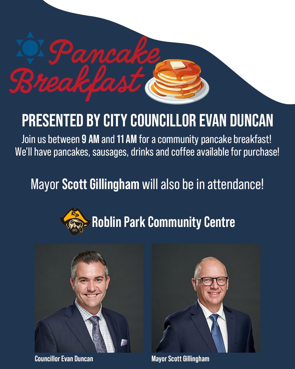 EvanDuncanWPG's tweet photo. As a part of the Roblin Park Winter Carnival join us on Saturday morning for a good old fashion pancake breakfast! Come by, say hi! and even meet the Mayor @ScottGillingham! https://t.co/hrHzimAgIA