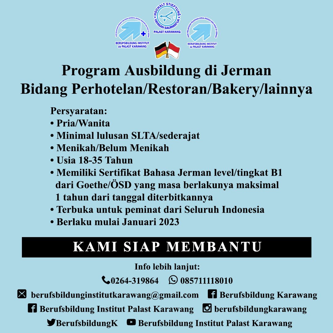BerufsbildungK's tweet photo. Untuk yang berminat mengikuti program Ausbildung di Jerman bidang Perhotelan/Restoran/lainnya
.
Link Pendaftaran Online: https://t.co/mRPEHubhsk
.
#aupair #fsj #bfd #ausbildung #dualesstudium #nurse #mitabeiter #kerjadijerman #pekerjamigranindonesia #studidijerman #lanjutstudi https://t.co/BqINqNm7H2