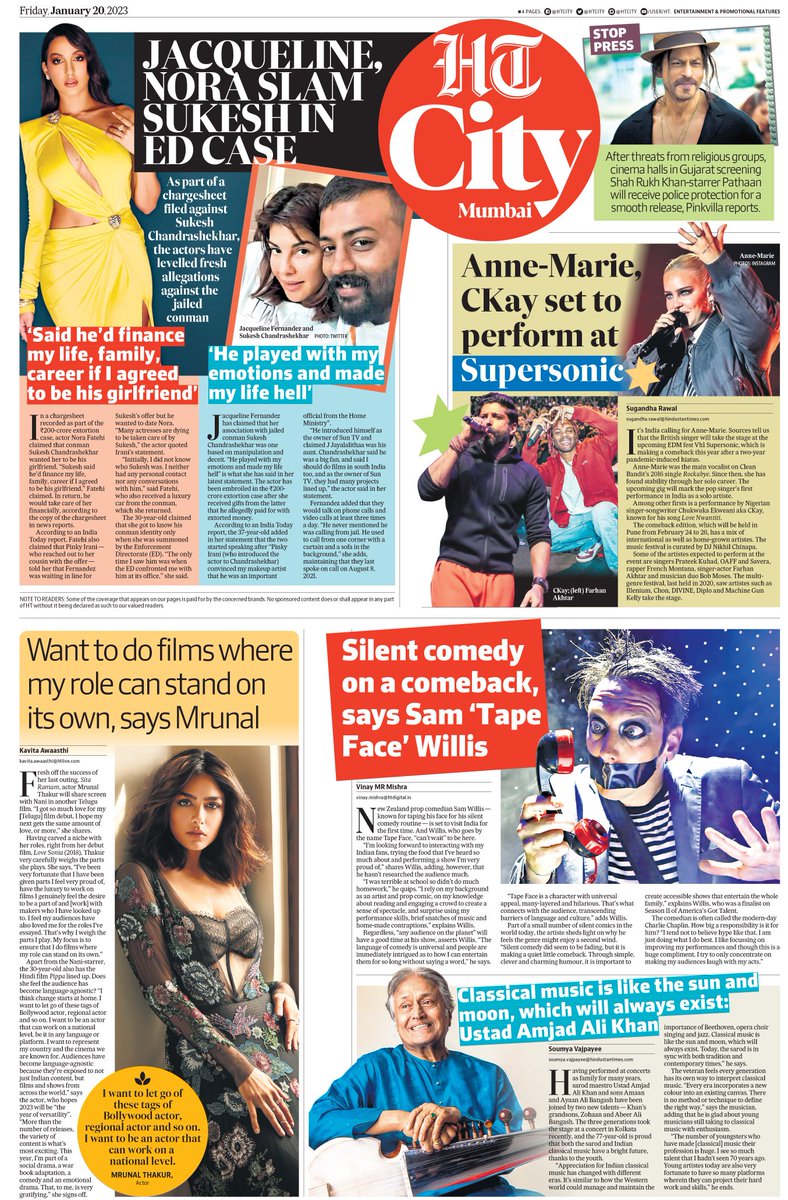 htcity's tweet photo. Read all top news from the world of entertainment &amp; lifestyle in today's HT City

Read today's epaper: https://t.co/JbLzcBCuQT

@Asli_Jacqueline #NoraFatehi #SukeshChandrashekhar #Pathaan #SupersonicFest @AnneMarie #CKay @FarOutAkhtar #SamWillis #UstadAmjadAliKhan @mrunal0801 https://t.co/dJU0TDMdbc