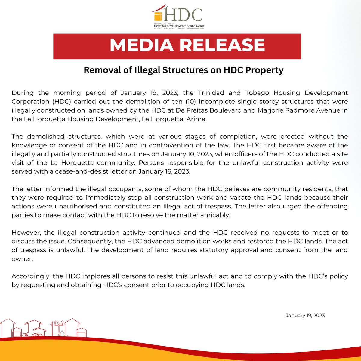 HOMEwithHDC's tweet photo. MEDIA RELEASE:

Removal of Illegal Structures on HDC Property at De Freitas Boulevard and Marjorie Padmore Avenue in the La Horquetta Housing Development, La Horquetta, Arima. https://t.co/bBcx0z5f7E