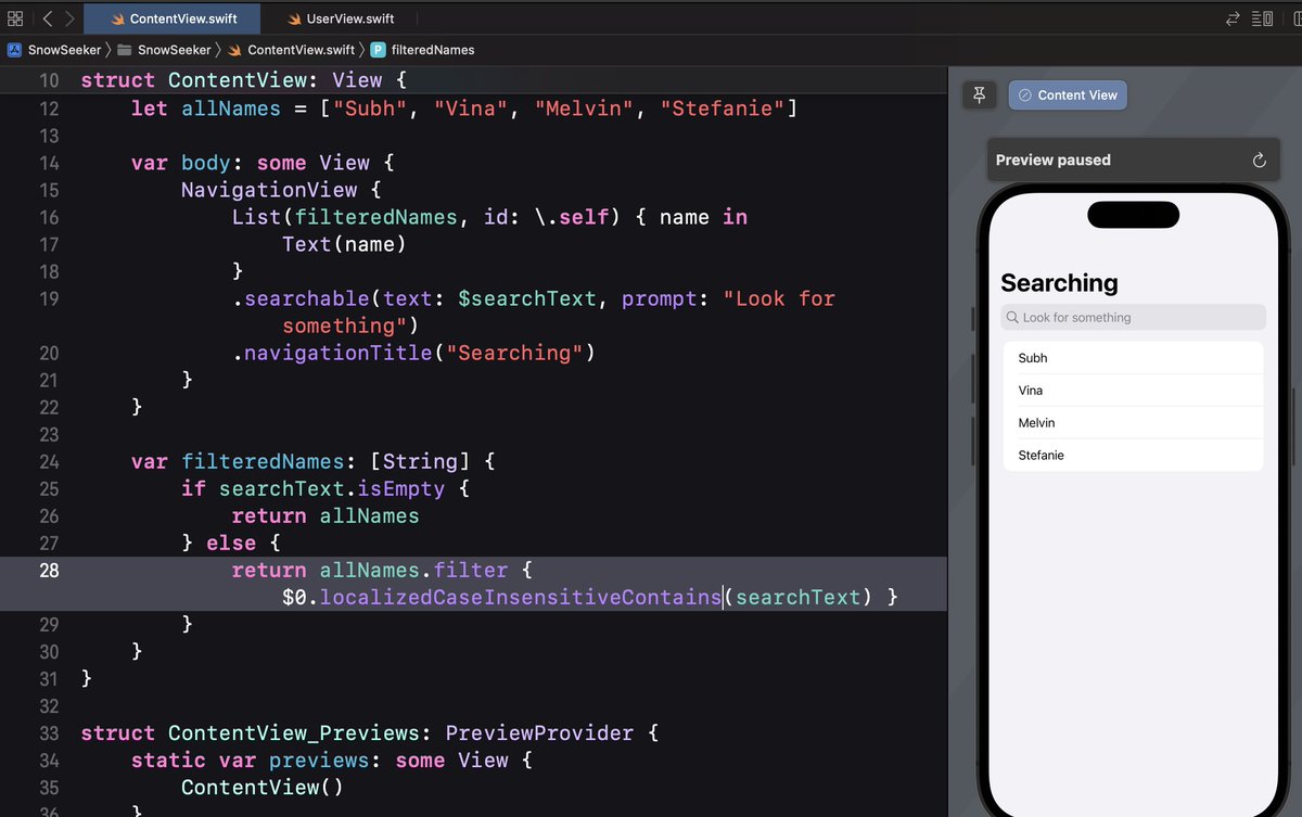 DeeJMayfield's tweet photo. Day Ninety-six of #100DaysOfSwiftUI completed!! Revisited alert and sheet, using optional values. Introduced to using Group views as transparent view containers that can accept view modifiers. Made a SwiftUI view searchable! https://t.co/h8mMsAonPo