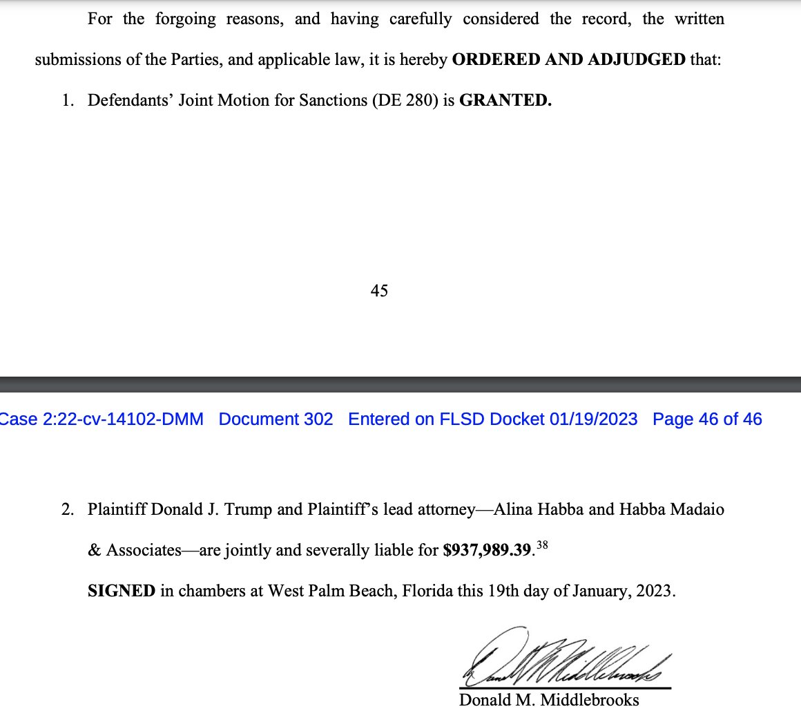 JUST IN: A federal judge in Florida has sanctioned Donald Trump's attorneys *$938,000* for what he says is a pattern of abusing the court system for political purposes It's Judge MIddlebrooks' second blistering sanctions order against Habba et al storage.courtlistener.com/recap/gov.usco…