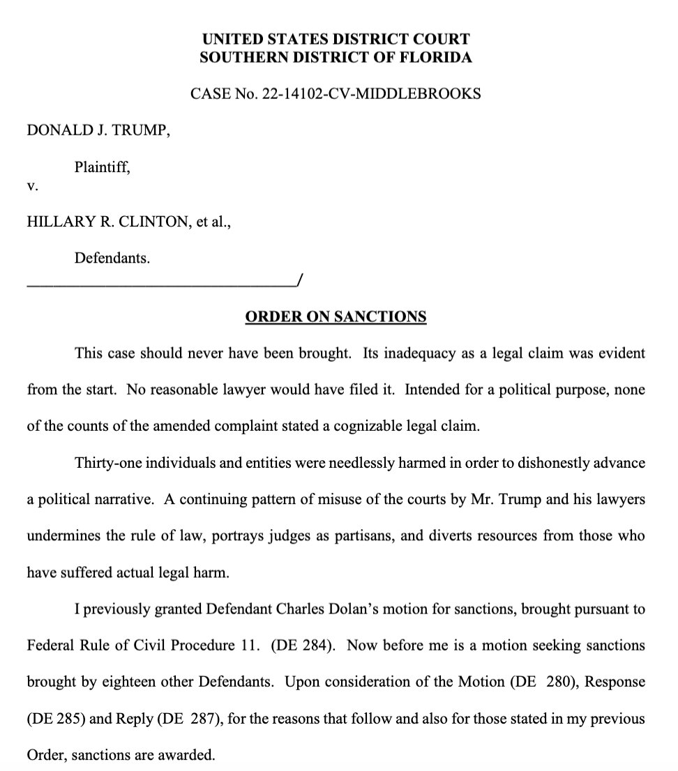 KlasfeldReports's tweet photo. Breaking:

A federal judge grants nearly $1 million in SANCTIONS against Donald Trump and his lawyers for their "frivolous" RICO suit against Hillary Clinton and others, in a scathing ruling.

Background from a recent, similar ruling, @LawCrimeNews. https://t.co/MZGSYx42in https://t.co/Ncgo5QiT0D