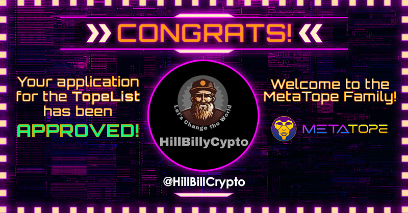 topelist's tweet photo. Congratulations @HillBillCrypto you have been approved for the #TopeList - welcome to the family! All approved applicants receive 7 bonus points toward our Mutant Hounds Collar giveaway on Friday at 12pm PST!! Congrats ππ https://t.co/KxtVF4feFs
