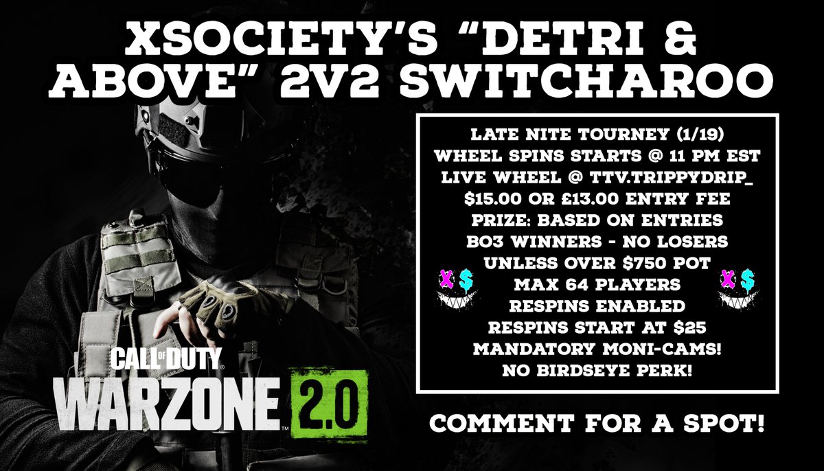 🚨LATE NITE "DETRI &amp; ABOVE" 2v2 SWITCHAROO🚨
🚨MANDATORY MONI-CAMS🚨

TONIGHT (1/19) | Wheel @ 11:00 PM EST!
$15 USD | £13.00 GBP | BO3 Winners | No Loser Unless Pot Over $750

Hosted by <a href="/xTrippyDrip/">Trippy</a> @ItzxZoom

RETWEET FOR CHANCE AT FREE ENTRY!

COMMENT BELOW FOR FORM!