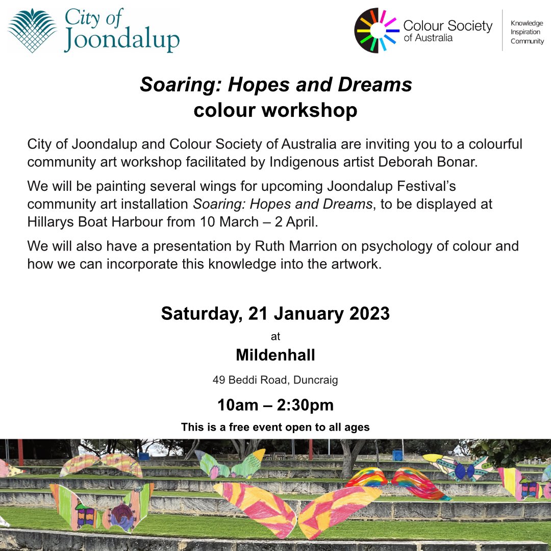 ColourSocietyWA's tweet photo. free Colour Workshop tomorrow (21 January) with Deborah Bonar at Mildenhall, 49 Beddi Rd, Duncraig, starting at 10am. https://t.co/9qwZGT5EZf